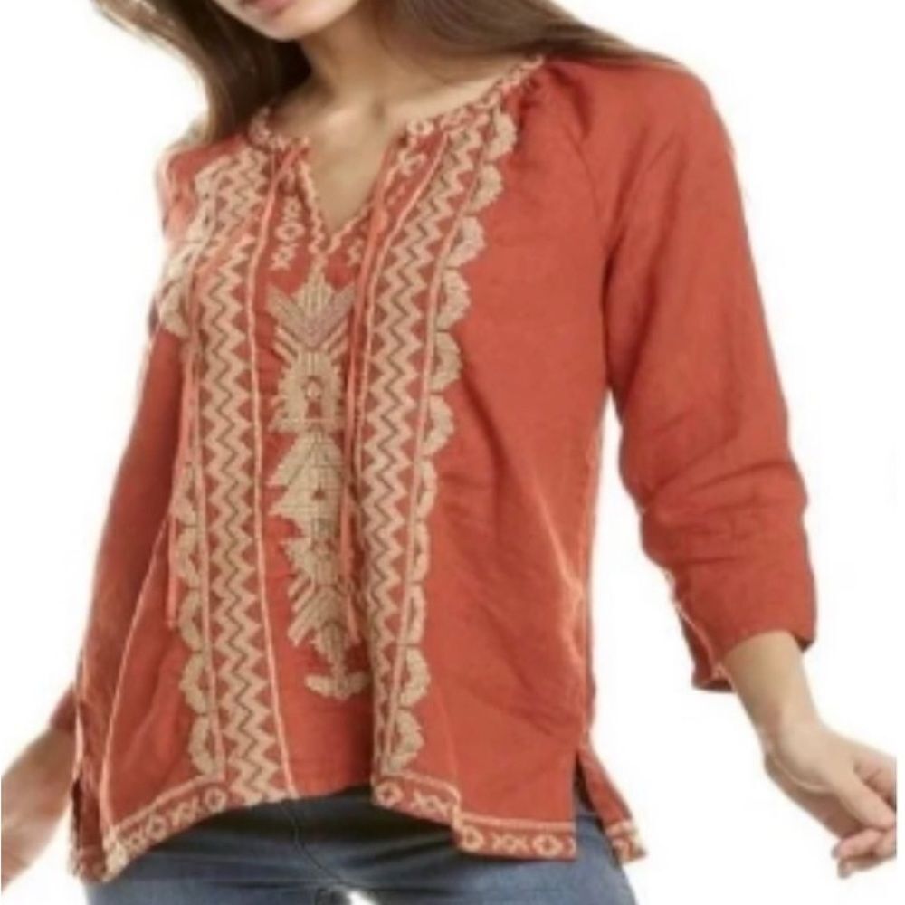 Johnny Was Burnt Orange Beige Tunic Blouse Embroidery Linen Tunic size Small